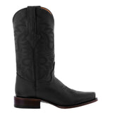 Mens Black Western Cowboy Boots Solid Leather Square Toe