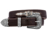 Brown Western Cowboy Leather Belt Ranger Concho - Silver Buckle