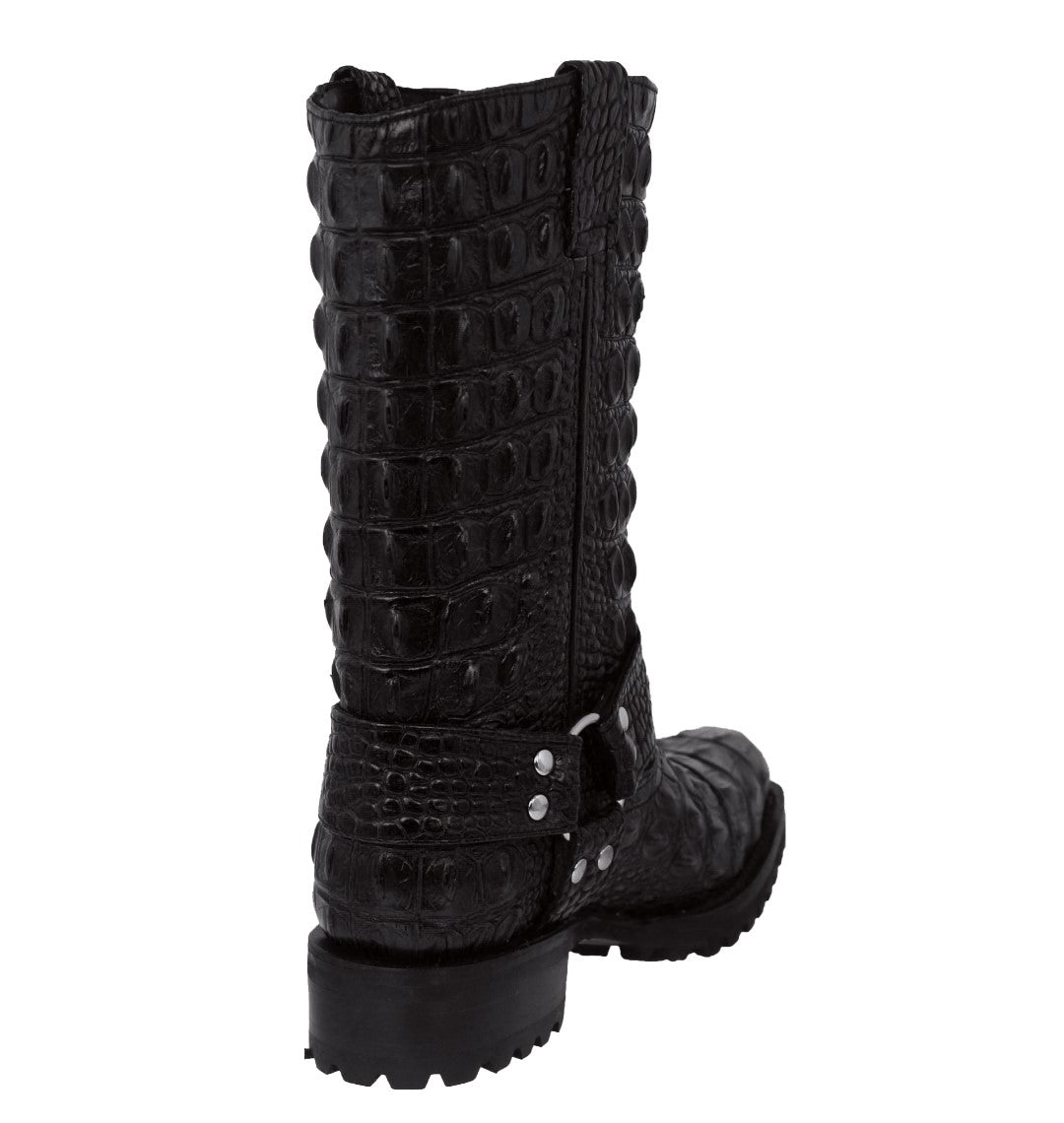 靴 Dark Crocodile Biker Boots Mens Black Motorcycle Boots Crocodile Back Print - Square Toe