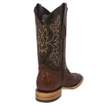 Mens Brown Cowboy Boots Ostrich Quill Print Leather - Square Toe