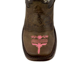 Kids Jazmin Brown Western Cowboy Boots Floral Leather - Square Toe