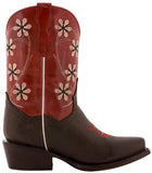 Kids Red & Dark Brown Western Cowboy Boots Floral Leather - Snip Toe