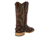 Mens Cognac Cowboy Boots Pirarucu Fish Print - Square Toe