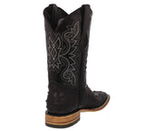 Mens Black Cowboy Boots Ostrich Quill Print Leather - Square Toe