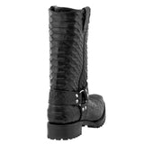 Mens Black Motorcycle Leather Boots Snake Print Square Toe