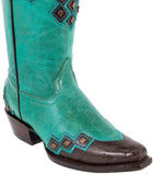 Womens Argyle Turquoise Cowboy Boots Studded Leather - Snip Toe