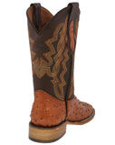 Mens Orange Cowboy Boots Ostrich Quill Print Leather - Square Toe