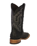 Mens Black Ostrich Quill Print Leather Cowboy Boots Square Toe