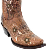 Womens Sofia Cognac Leather Cowboy Boots Floral - Snip Toe