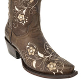Womens Sofia Brown Leather Cowboy Boots Floral - Snip Toe