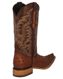 Mens Cognac Ostrich Quill Print Leather Cowboy Boots - 3X Toe