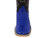 Mens Blue Cowboy Boots Ostrich Quill Print Leather - Square Toe