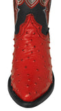 Mens Red Cowboy Boots Ostrich Quill Print Leather - J Toe