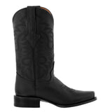 Mens Black Western Cowboy Boots Solid Leather Square Toe