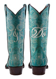 Womens "I Do' Turquoise Wedding Boots Leather - Square Toe