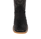 Mens Black Cowboy Boots Ostrich Quill Print Leather - Square Toe