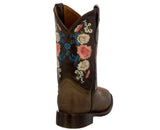 Kids Jazmin Brown Western Cowboy Boots Floral Leather - Square Toe