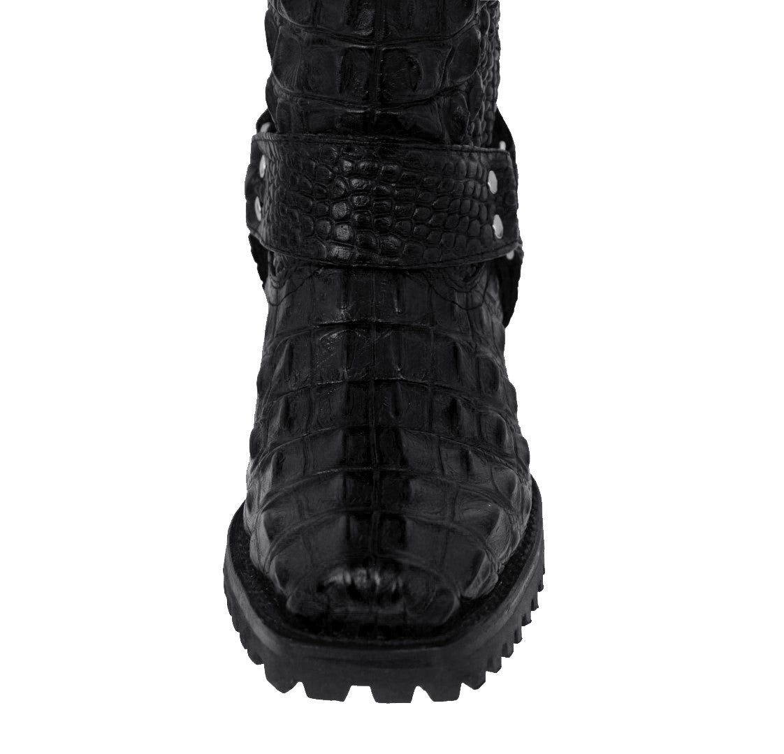 Mens Black Motorcycle Boots Crocodile Back Print - Square Toe