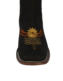 Womens Black Chelsea Leather Floral Ankle Boots - Square Toe