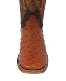 Mens Cognac Cowboy Boots Ostrich Quill Print Leather - Square Toe