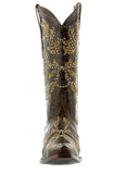 Womens Malaga Brown & Beige Leather Cowboy Boots Embroidered - Snip Toe