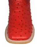 Mens Red Cowboy Boots Ostrich Quill Print Leather - Square Toe