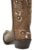 Womens Sofia Light Brown Leather Cowboy Boots Floral - Snip Toe