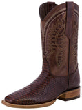 Mens Cognac Snake Print Leather Cowboy Boots - Square Toe