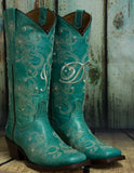 Womens "I Do' Turquoise Wedding Boots Leather - Square Toe