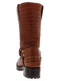 Mens Cognac Motorcycle Boots Crocodile Belly Print - Square Toe