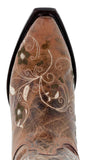 Womens Sofia Cognac Leather Cowboy Boots Floral - Snip Toe