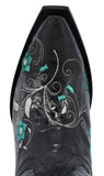 Womens Sofia Black Leather Cowboy Boots Floral - Snip Toe