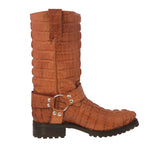 Mens Cognac Motorcycle Boots Crocodile Tail Print - Square Toe