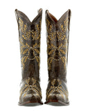 Womens Malaga Brown & Beige Leather Cowboy Boots Embroidered - Snip Toe