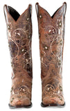 Womens Sofia Cognac Leather Cowboy Boots Floral - Snip Toe