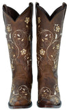 Womens Sofia Brown Leather Cowboy Boots Floral - Snip Toe