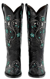 Womens Sofia Black Leather Cowboy Boots Floral - Snip Toe