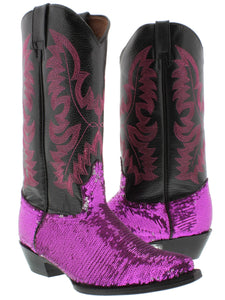 Women's Fuchsia Sequins Western Rodeo Cowboy Boots Snip Toe