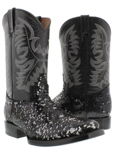 Women's Black Sequins Western Rodeo Cowboy Boots Square Toe