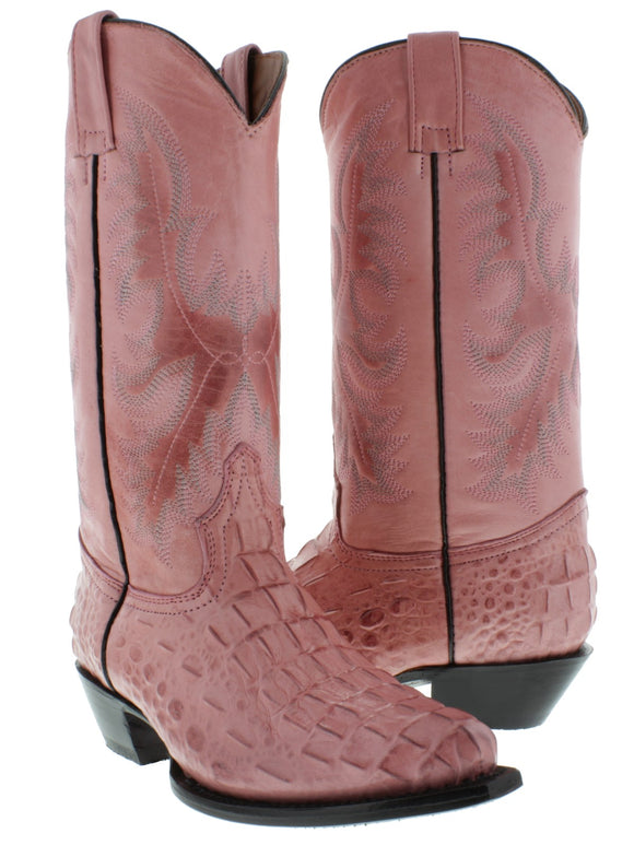 Women's Pink Crocodile Back Print Leather Cowboy Boots Snip Toe
