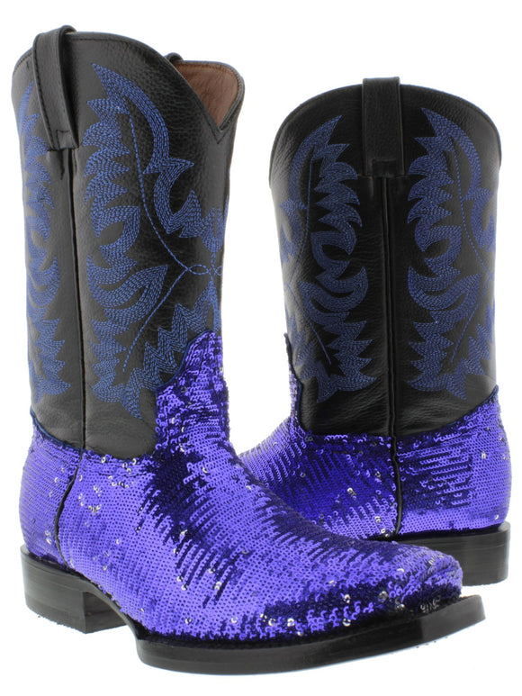 Women's Blue Sequins Western Rodeo Cowboy Boots Square Toe
