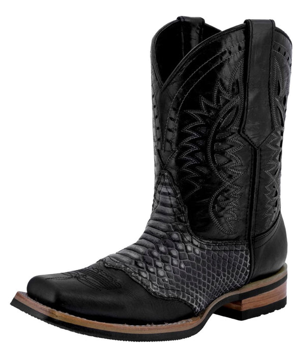 Mens Black Western Leather Cowboy Boots Snake Print - Square Toe