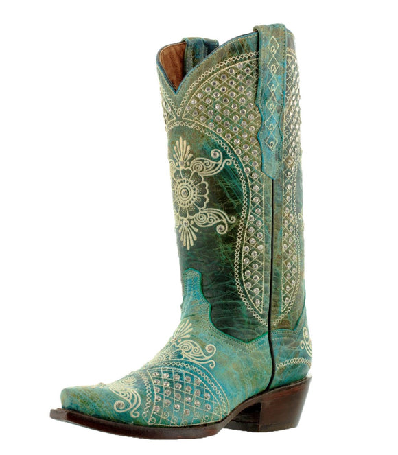 Womens Marfil Turquoise Wedding Cowboy Boots Rhinestones - Snip Toe