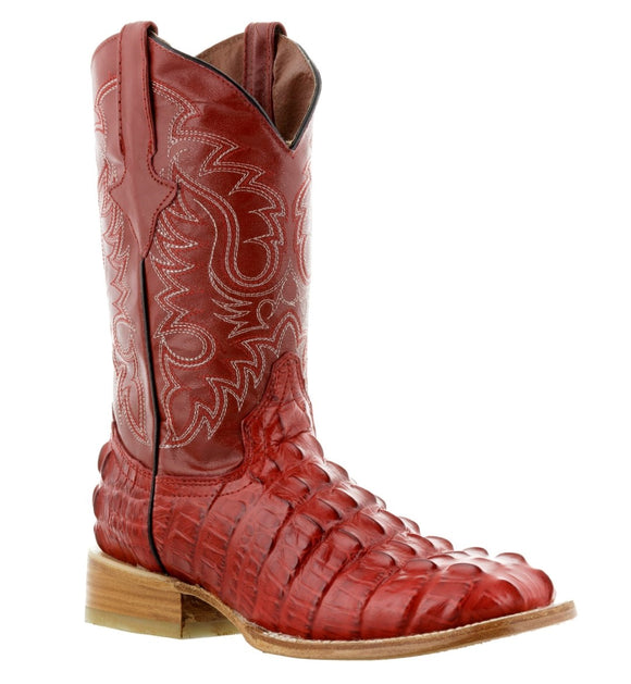 Mens Red Alligator Tail Print Leather Cowboy Boots Square Toe
