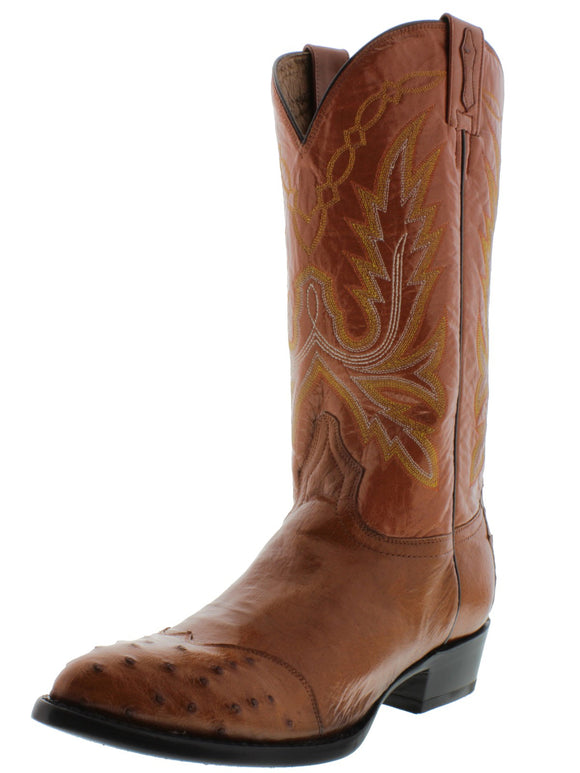 Mens Cognac Ostrich Skin Leather Cowboy Boots - J Toe