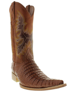Men's Cognac Crocodile Belly Pattern Leather Cowboy Boots - 3X Pointed Toe