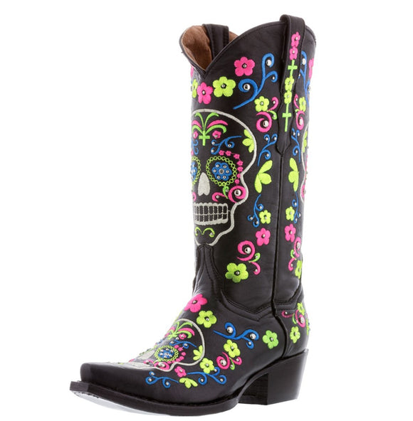 Womens Catrina Black Leather Cowboy Boots Embroidered - Snip Toe