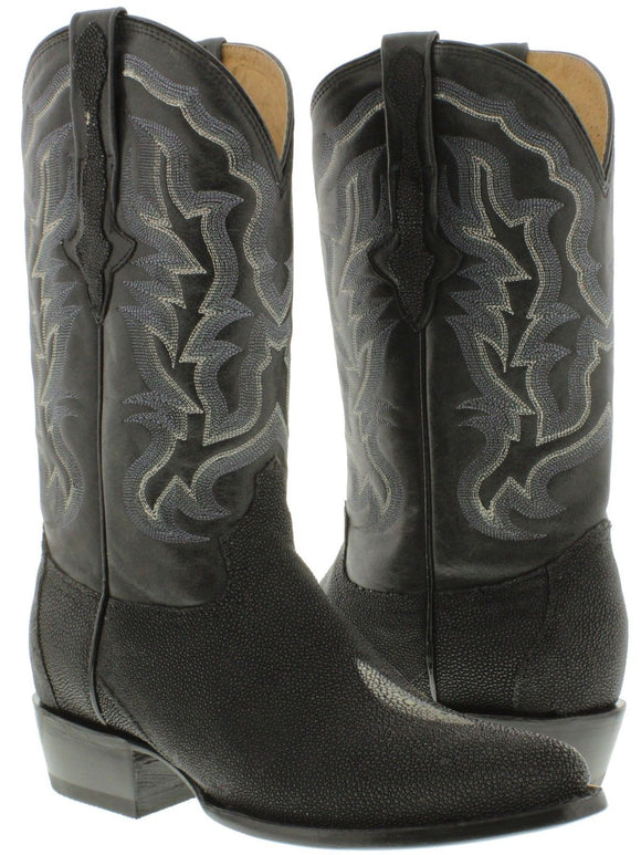 Men's Black Genuine Stingray Single Stone Leather Cowboy Boots Round Toe