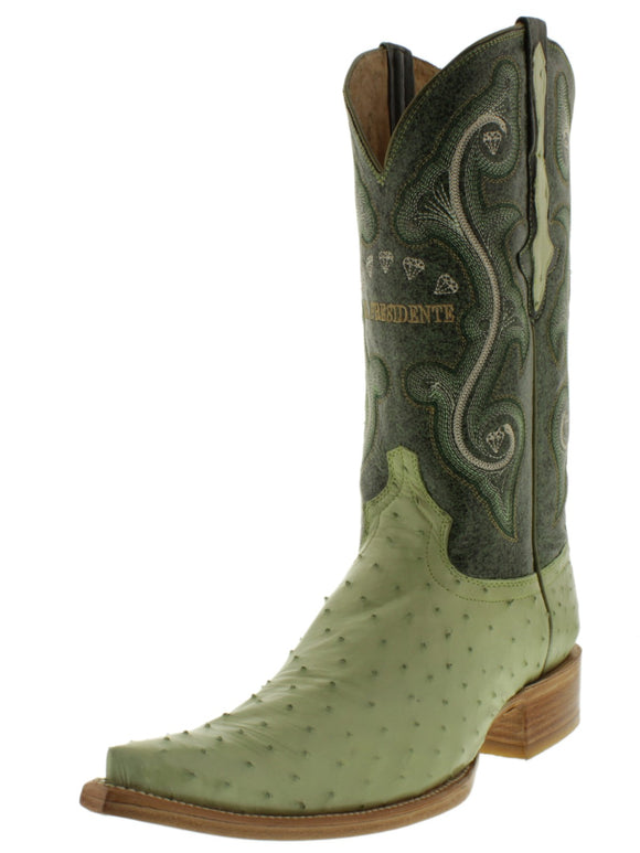 Mens Green Cowboy Boots Ostrich Quill Skin - 3X Toe