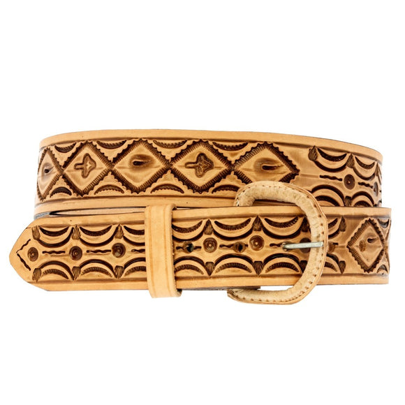 Tan Western Cowboy Belt Tooled Leather - Silver Buckle